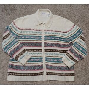Alfred Dunner Sweater Womens Sz L Full Zip Chenille Pastel Fair Isle Grandma